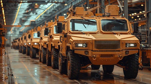A row of armored vehicles is assembled inside a spacious, high-tech factory hall