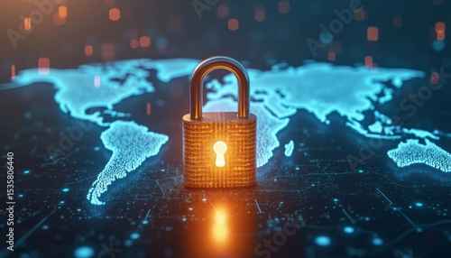Digital padlock symbolizing cybersecurity on a glowing world map