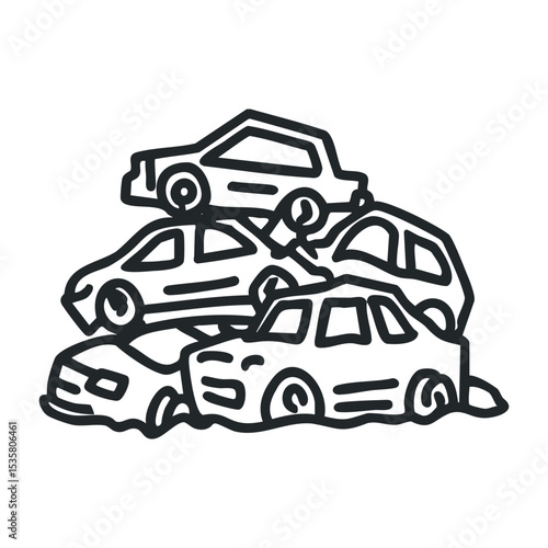 Illustration of a pile of cars in a junkyard – stock vector icon in line drawing style