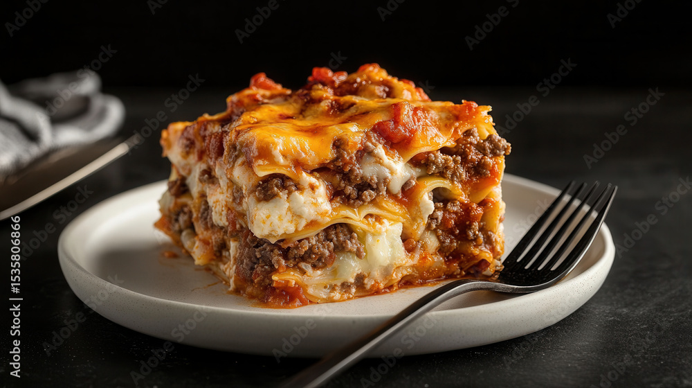 Savory cabbage lasagna slice with layers of meat, tomato sauce, and cheese on a plate Savory cabbage lasagna slice with layers of meat, tomato sauce, and cheese on a plate