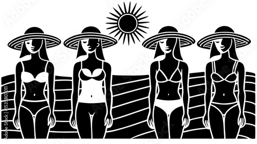 Black and white illustration of four women wearing sun hats and swimwear on a sunny beach landscape