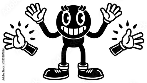 Cartoon character expressing enthusiasm with waving hands and animated clapping in a classic black and white style