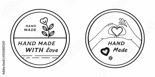 Hand made with love minimalist logo designs featuring heart shapes and floral elements for product labeling