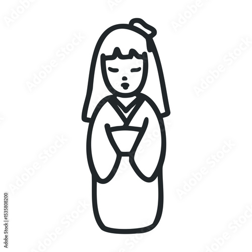 Asian female child in traditional kimono line drawing illustration – stock vector icon in line drawing style