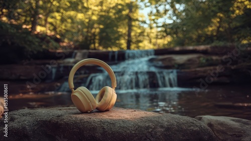Yellow wireless headphones mockup by forest waterfall