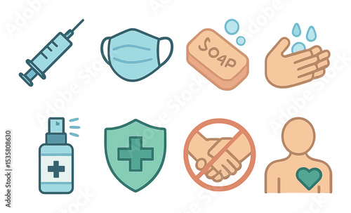 Disease prevention icons set – outline, health protection and hygiene symbols