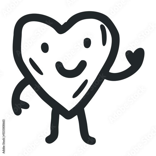 Cute heart character smiling and waving with arms and legs – stock vector icon in line drawing style