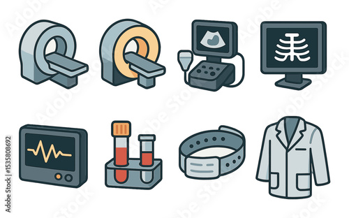 Medical diagnostics icons set – simple linear style, health and analysis symbols