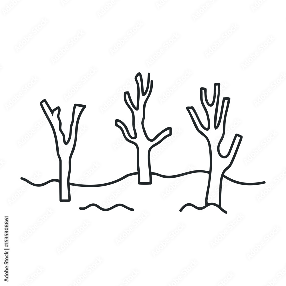 Obraz premium Simple line drawing of three bare trees with wavy ground – stock vector icon in line drawing style