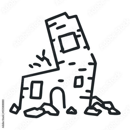 Black and white icon of partially collapsed building with rubble – stock vector icon in line drawing style