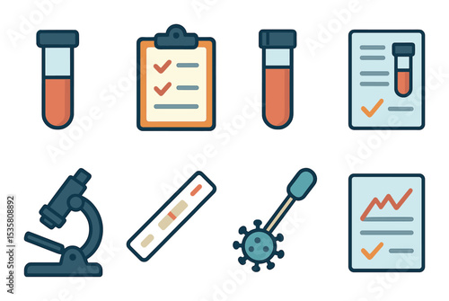 Medical test and lab icons set – flat, healthcare diagnostics and analysis symbols