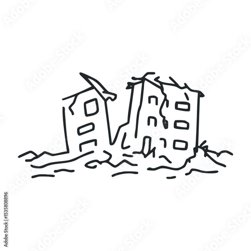 Hand-drawn illustration of collapsed buildings after earthquake – stock vector icon in line drawing style