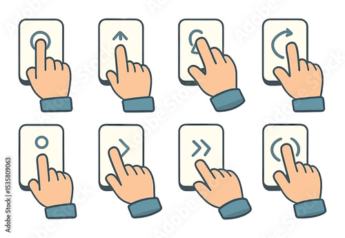 Touchscreen gesture icons set – flat, hand interaction and swipe action symbols