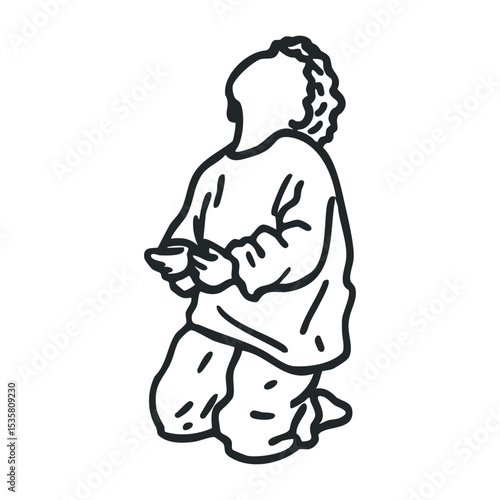 Outline drawing of young child kneeling in prayer with raised hands – stock vector icon in line drawing style