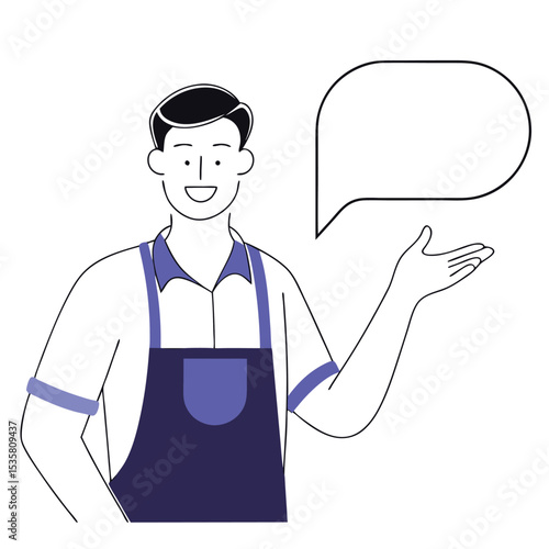 Smiling Caucasian man in an apron introduces something with a speech bubble nearby