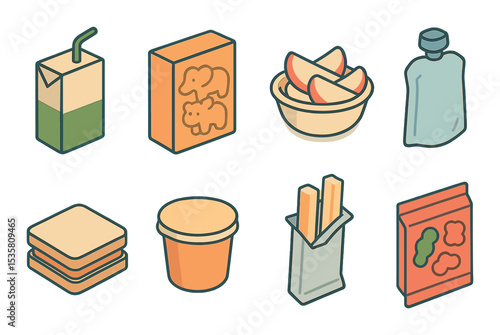 Child snack icons set – outline, food and nourishment symbols for kids