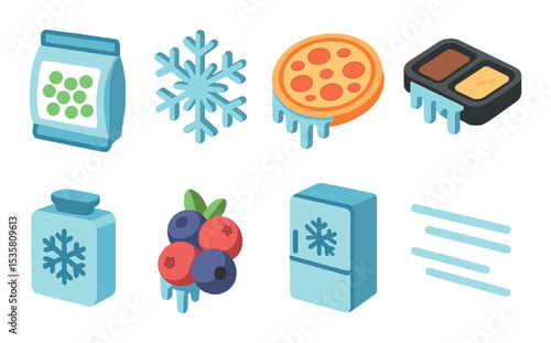 Frozen food icons set – 3d, chilled and refrigeration symbols for packaging design