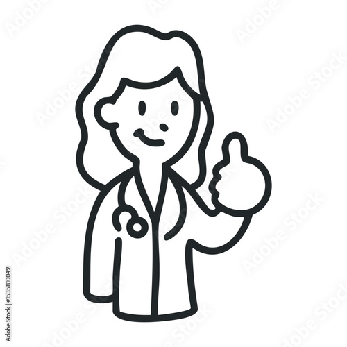 Female asian young doctor giving thumbs up in cartoon style – stock vector icon in line drawing style