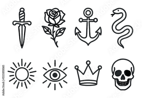 Tattoo icons set – outline, body art and ink design symbols for creative projects