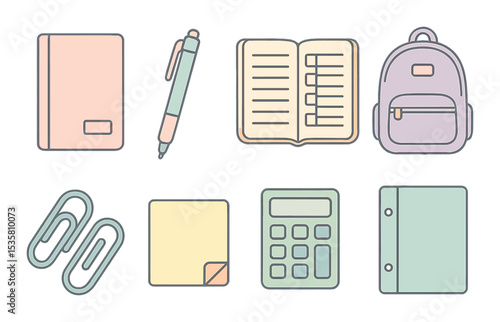 School supplies icons set – outline, stationery essentials and educational tools