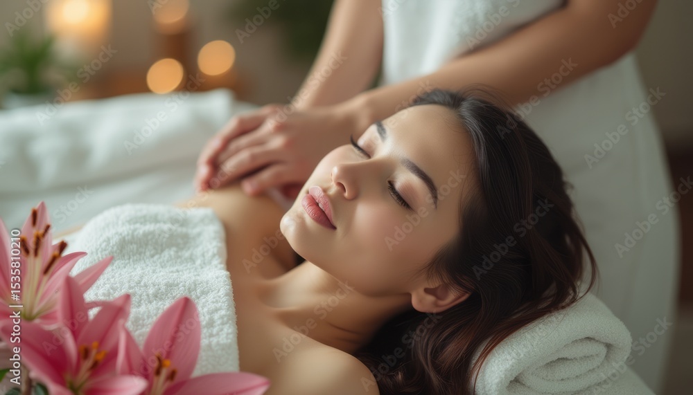 Naklejka premium Relaxing spa treatment with a serene woman enjoying a massage