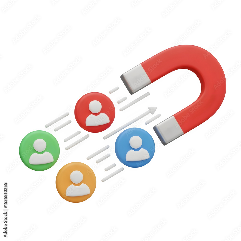 Powerful Magnet Attracting Colorful User Icons Representing Effective Lead Generation and Customer Acquisition Strategy, transparent background Powerful Magnet Attracting Colorful User Icons Representing Effective Lead Generation and Customer Acquisition Strategy, transparent background