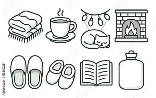 Cozy home life icons set – outline, comfort and relaxation style symbols