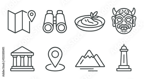 Travel and tourism icons set – outline, vacation planning, landmarks and destinations