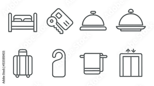Hotel services linear icons set – flat, lodging and hospitality symbols for travel