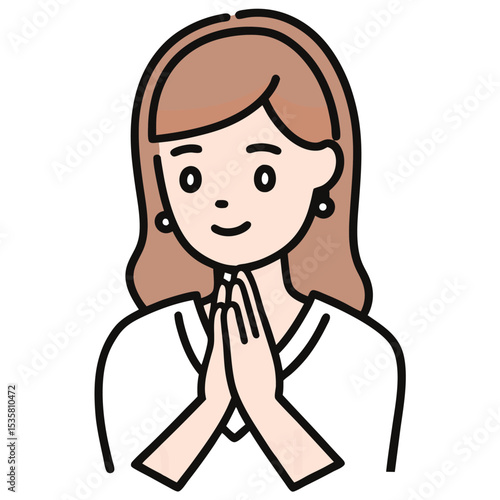 Smiling cartoon Caucasian woman presents clasped hands in a gesture of greeting
