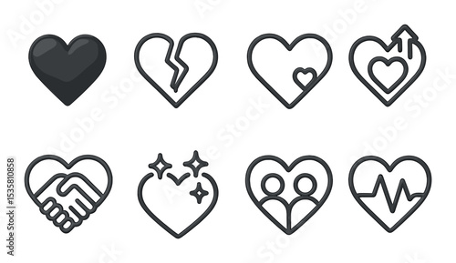 Diverse heart icons set - silhouette, love, romance symbols collection