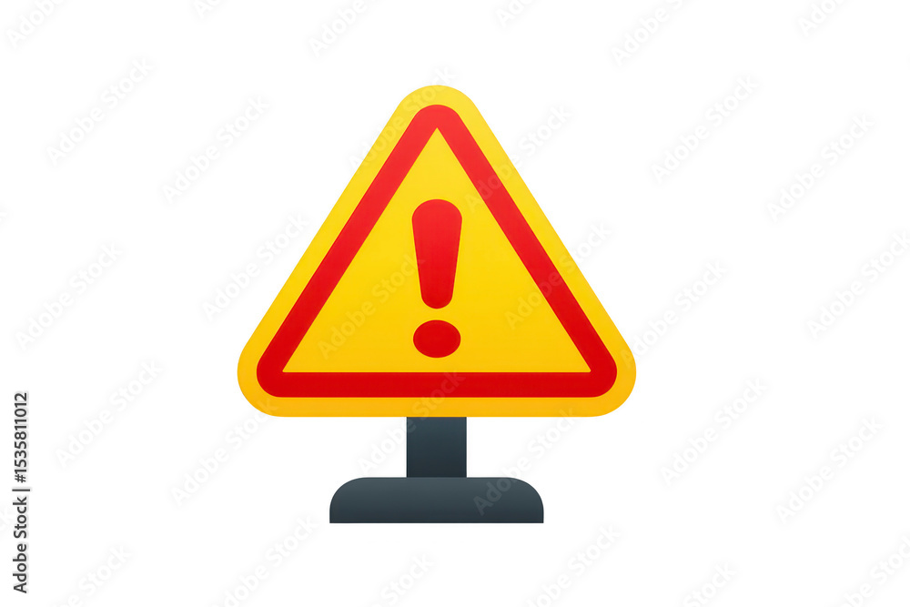 Yellow triangular warning sign with red exclamation mark is displayed, symbolizing caution or alert. sign is mounted on gray stand, emphasizing its importance and visibility Yellow triangular warning sign with red exclamation mark is displayed, symbolizing caution or alert. sign is mounted on gray stand, emphasizing its importance and visibility