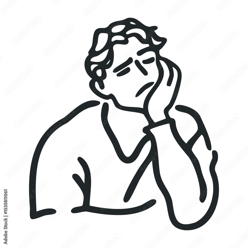Fototapeta premium Minimalist line art of a young caucasian male deep in thought – stock vector icon in line drawing style