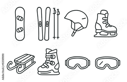 Winter sports icons set – outline, skiing and snowboarding activity symbols