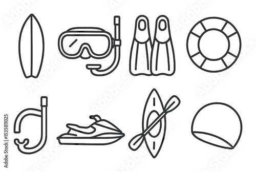 Water sports silhouette icons set – linear, aquatic activities and recreation symbols