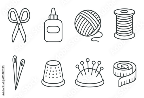 Craft tools icons set – outline, diy and hobby essentials for creative projects