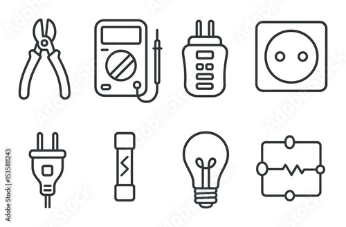 Electrical tools icons set – outline, equipment and utility symbol collection