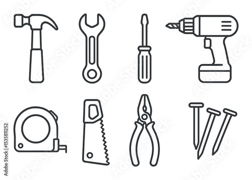 Tool and equipment icons set – linear, hardware and construction design elements