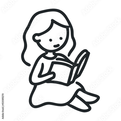 Cartoon illustration of asian female child reading a book – stock vector icon in line drawing style