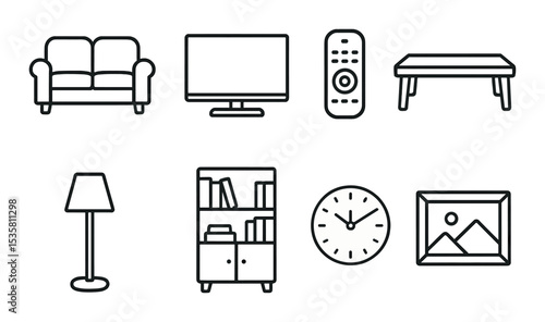 Living room icons set – linear, simple and home decor symbols for interior design