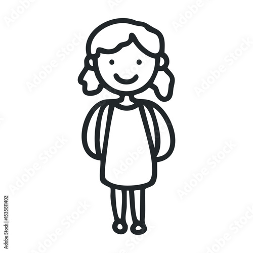 Simple line drawing of a smiling female child with pigtails – stock vector icon in line drawing style