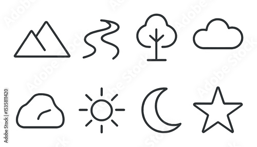 Nature and weather line icons set – outline, environmental and outdoor symbols
