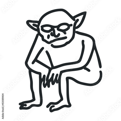 Line drawing of squatting goblin with long ears and drooping features – stock vector icon in line drawing style