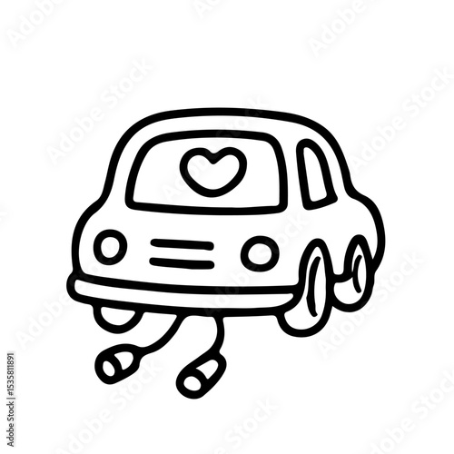 Fun car vector illustration with heart design. Perfect for wedding invitations, romantic themes, or travel graphics. Trendy line art for playful and creative projects.