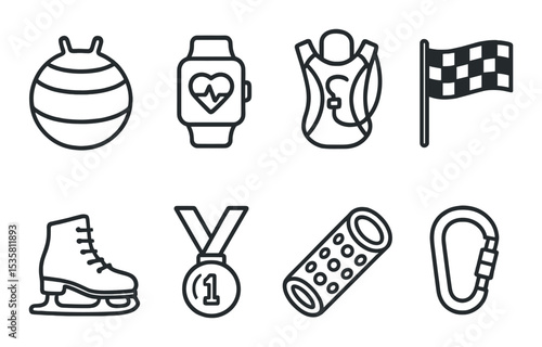 Sports and fitness icons set – linear style, athletic and exercise symbols