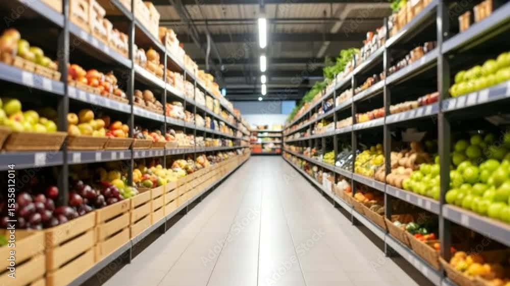 Fresh Produce and Grocery Items Displayed on Shelves in Supermarket Aisle Fresh Produce and Grocery Items Displayed on Shelves in Supermarket Aisle