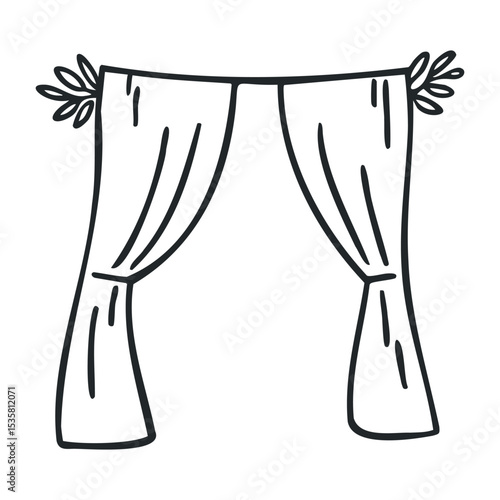 Hand-drawn curtain illustration with elegant drapes and decorative details – stock vector icon in line drawing style