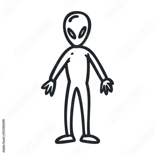 Simple black and white alien sketch with classic features – stock vector icon in line drawing style