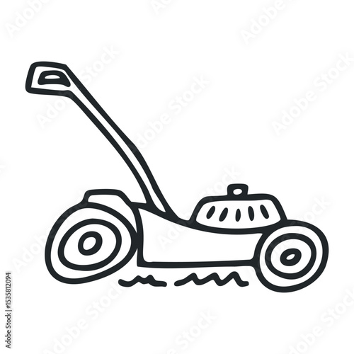Simple lawn mower cartoon drawing with hand-drawn style – stock vector icon in line drawing style