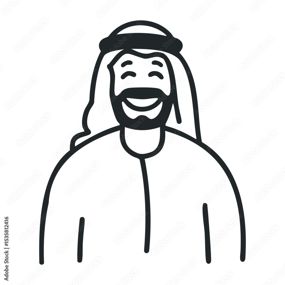 Smiling middle eastern adult male in traditional attire line drawing – stock vector icon in line drawing style Smiling middle eastern adult male in traditional attire line drawing – stock vector icon in line drawing style